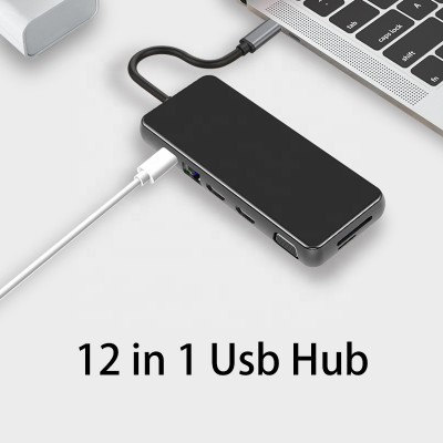 Shenzhen Factory best 12 port USB C HUB to 87W PD charging and HD MI  USB 3.0 SD/TF card reader and VGA amd RJ45 adapter